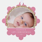 Baby's 1e Kerstmis Fotonaam Roze Goud Groet Ornament Kaart (Voorkant)