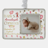 Baby's 1e Kerstmis Geboortestatistieken Keepsake | Verzilverd Omlijst Ornament (Voorkant)