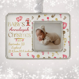 Baby's 1e Kerstmis Geboortestatistieken Keepsake | Verzilverd Omlijst Ornament