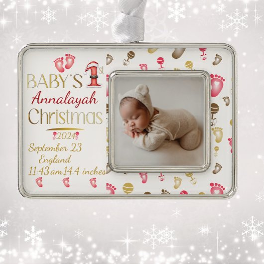 Baby's 1e Kerstmis Geboortestatistieken Keepsake | Verzilverd Omlijst Ornament