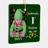 Baby's 1e Kerstmis Groene Faux Stof Keepsake Keramisch Ornament (Rechts)