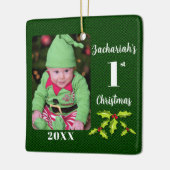 Baby's 1e Kerstmis Groene Faux Stof Keepsake Keramisch Ornament (Links)