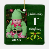 Baby's 1e Kerstmis Groene Faux Stof Keepsake Keramisch Ornament (Achterkant)