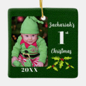 Baby's 1e Kerstmis Groene Faux Stof Keepsake Keramisch Ornament (Voorkant)