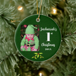 Baby's 1e Kerstmis Groene Faux Stof Rond Keramisch Ornament