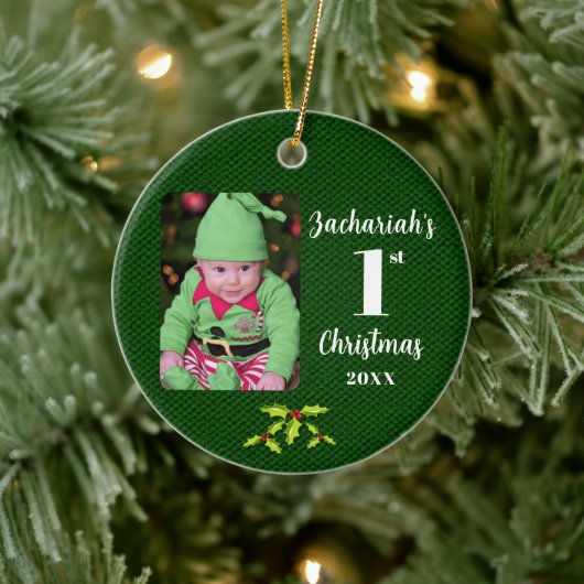 Baby's 1e Kerstmis Groene Faux Stof Rond Keramisch Ornament (Boom)