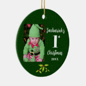 Baby's 1e Kerstmis Groene Faux Stof Rond Keramisch Ornament (Rechts)