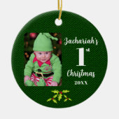Baby's 1e Kerstmis Groene Faux Stof Rond Keramisch Ornament (Voorkant)