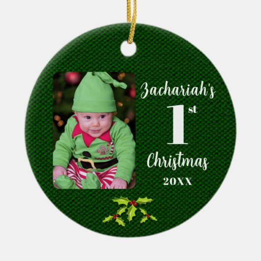 Baby's 1e Kerstmis Groene Faux Stof Rond Keramisch Ornament (Voorkant)