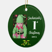 Baby's 1e Kerstmis Groene Faux Stof Rond Keramisch Ornament (Links)