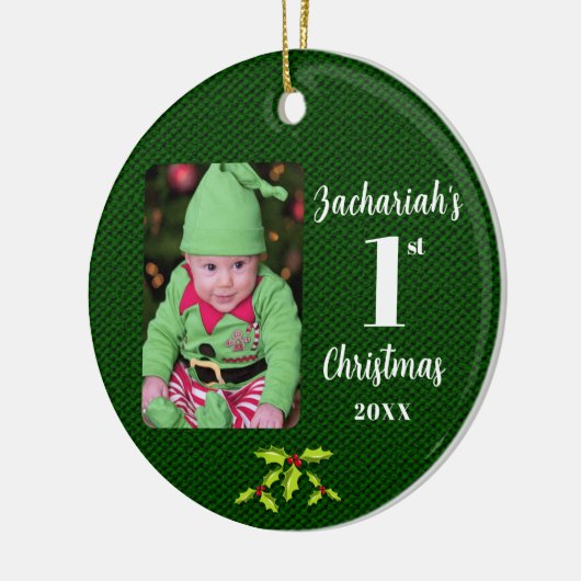 Baby's 1e Kerstmis Groene Faux Stof Rond Keramisch Ornament (Links)