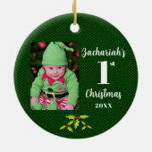Baby's 1e Kerstmis Groene Faux Stof Rond Keramisch Ornament (Achterkant)