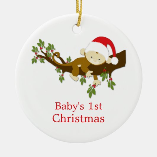 Baby's 1e Kerstmis Kleine Monkey Holly Foto Keramisch Ornament (Voorkant)
