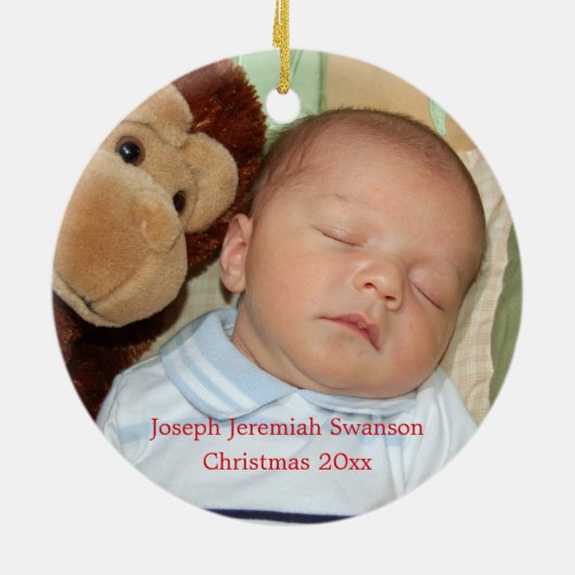 Baby's 1e Kerstmis Kleine Monkey Holly Foto Keramisch Ornament (Achterkant)