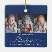 Baby's 1e Kerstmis Marine Blauw 3 Photo Script Keramisch Ornament (Achterkant)
