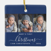Baby's 1e Kerstmis Marine Blauw 3 Photo Script Keramisch Ornament (Voorkant)