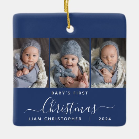 Baby's 1e Kerstmis Marine Blauw 3 Photo Script Keramisch Ornament (Voorkant)