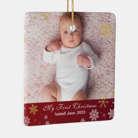 Baby's 1e Kerstmis Moderne Foto Witte Sneeuwvlokke Keramisch Ornament (Rechts)