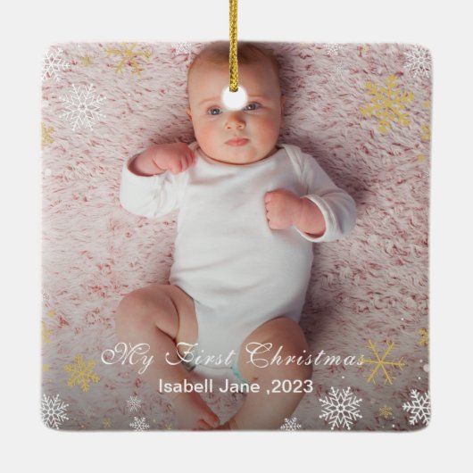 Baby's 1e Kerstmis Moderne Foto Witte Sneeuwvlokke Keramisch Ornament (Achterkant)