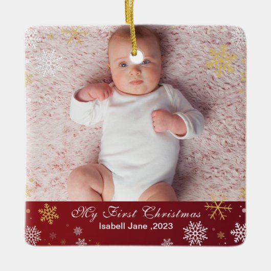 Baby's 1e Kerstmis Moderne Foto Witte Sneeuwvlokke Keramisch Ornament (Voorkant)