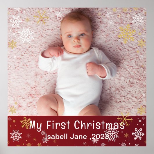 Baby's 1e Kerstmis Moderne Foto Witte Sneeuwvlokke Poster (Voorkant)