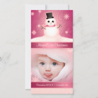 Baby's 1e Kerstmis Mooie Sneeuwman Roze Feestdagenkaart