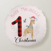 Baby's 1e Kerstmis Muts Cute Giraffe Kerstman Naam Rond Kussen (Voorkant)