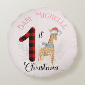 Baby's 1e Kerstmis Muts Cute Giraffe Kerstman Naam Rond Kussen (Achterkant)