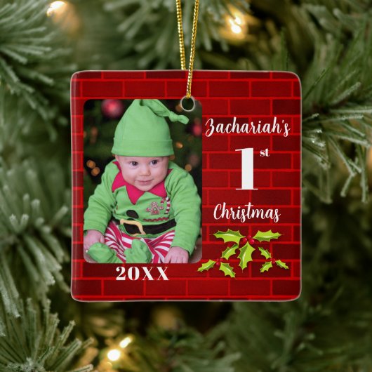 Baby's 1e Kerstmis Red Brick Keepsake Keramisch Ornament (Boom)
