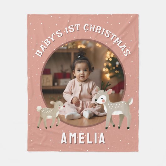 Baby's 1e Kerstmis Rendier Aandenken Foto Fleece Deken (Voorkant)
