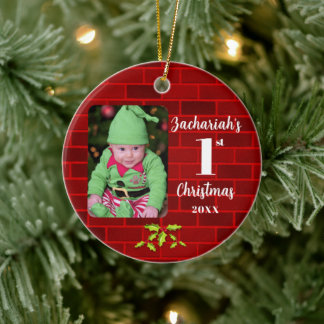 Baby's 1e Kerstmis Rode Steen Ronde Keepsake Keramisch Ornament