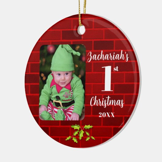 Baby's 1e Kerstmis Rode Steen Ronde Keepsake Keramisch Ornament (Links)