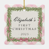 Baby's 1e Kerstmis roze gingham foto Keramisch Ornament (Achterkant)