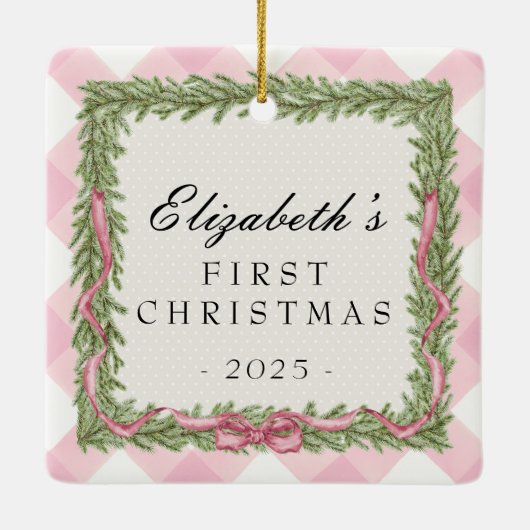 Baby's 1e Kerstmis roze gingham foto Keramisch Ornament (Achterkant)