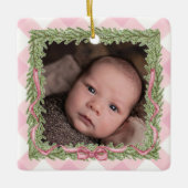 Baby's 1e Kerstmis roze gingham foto Keramisch Ornament (Voorkant)