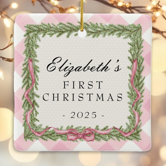 Baby's 1e Kerstmis roze gingham foto Keramisch Ornament