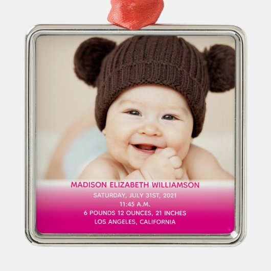 Baby's 1e Kerstmis Roze Keepsake Foto Metalen Ornament (Voorkant)