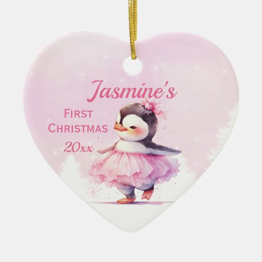 Baby's 1e Kerstmis Roze Pinguïn Ballerina Keramisch Ornament (Voorkant)