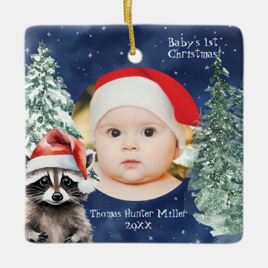 Baby's 1e Kerstmis Santa Raccoon Keramisch Ornament (Voorkant)