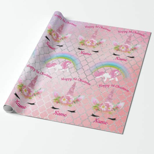 Babys 1e Kerstmis UNICORNS Sparkly Meisjes Genaamd Cadeaupapier (Uitgerold)