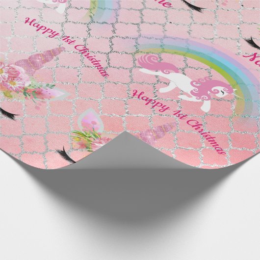 Babys 1e Kerstmis UNICORNS Sparkly Meisjes Genaamd Cadeaupapier (Hoek)