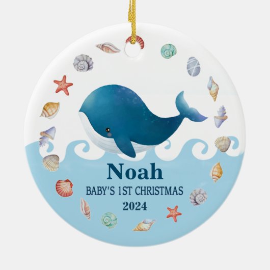 Baby's 1e Kerstwalvis Gepersonaliseerd Keramisch Ornament (Achterkant)