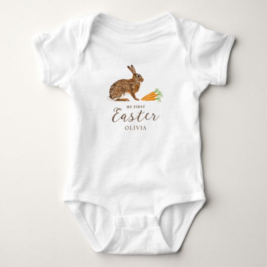Baby's 1e Pasen Konijn En Wortels Met Naam Romper (Voorkant)