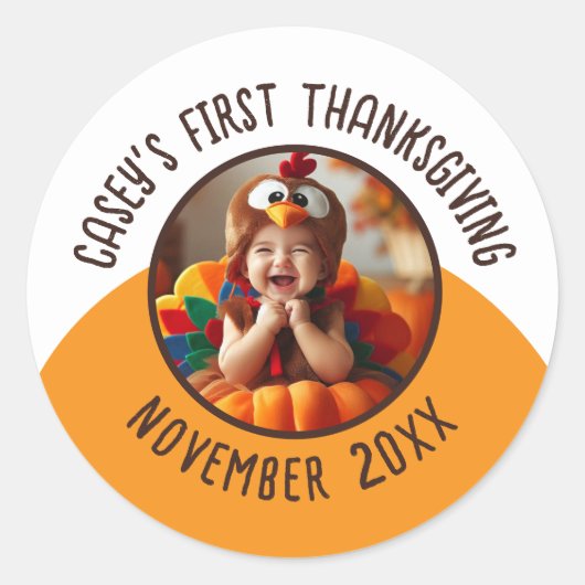 Baby's 1e Thanksgiving Custom Photo Naam en Jaar Ronde Sticker (Voorkant)