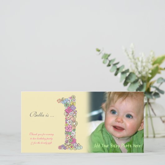 Baby's 1e verjaardag dank u fotokaart bedankkaart (Staand voorkant)
