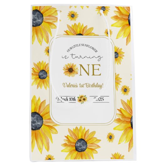 Baby's 1e verjaardag - Onze kleine zonnebloem Medium Cadeauzakje (Voorkant)