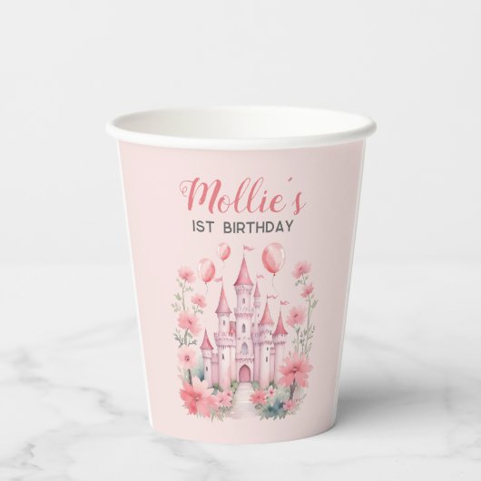 Baby's 1e verjaardag Roze Kasteel Prinses Papieren Bekers (Achterkant)
