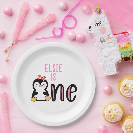 Baby's 1e Verjaardagsnaam Penguin Schattige Papieren Bordje (Feest)