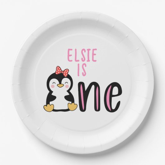 Baby's 1e Verjaardagsnaam Penguin Schattige Papieren Bordje (Voorkant)