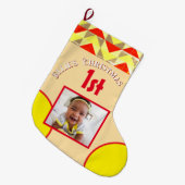 Baby's 1st Christmas 1 Photo Geometric Yellow Red Grote Kerstsok (Voorkant (Hangend))